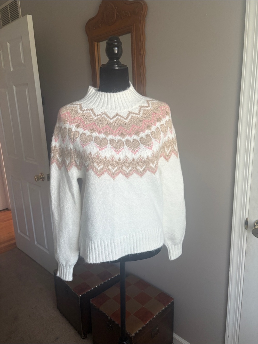 LOFT White Fair Isle Mock Neck Sweater with Pink and Tan Hearts